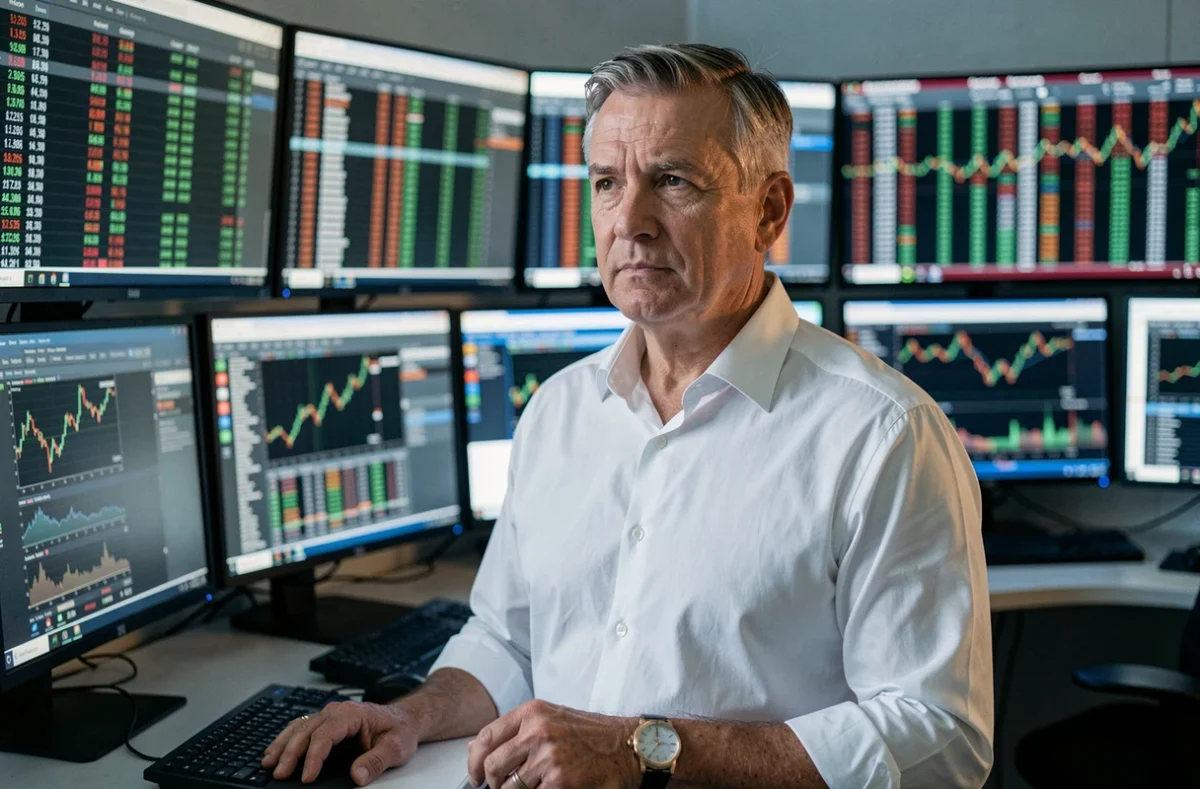 Analyste financier concentré devant plusieurs écrans affichant des données économiques en temps réel