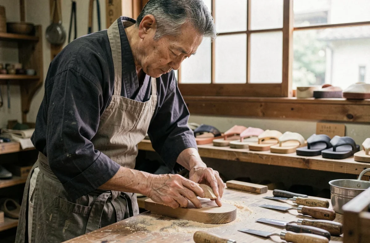 Artisan japonais quinquagénaire ponçant une geta en bois dans son atelier traditionnel de Tokyo, entouré d'outils et de sandales finies