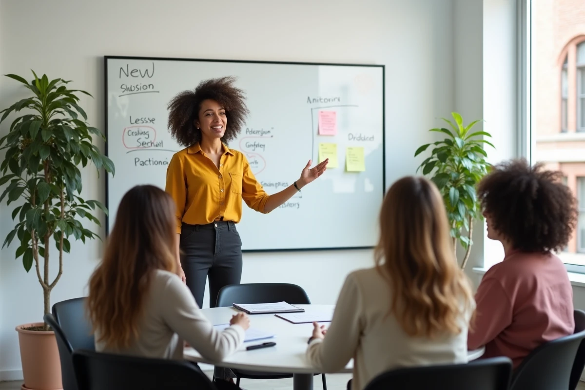 Femme entrepreneur animant un atelier de formation pour d'autres femmes en salle de réunion