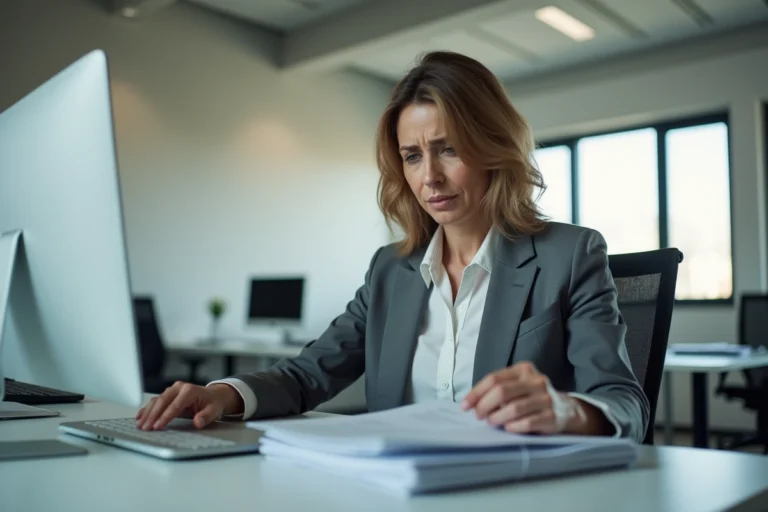 Employée travaillant dans un bureau sans fenêtre, illustrant les conditions de travail en espace clos et la réglementation sur l'éclairage naturel