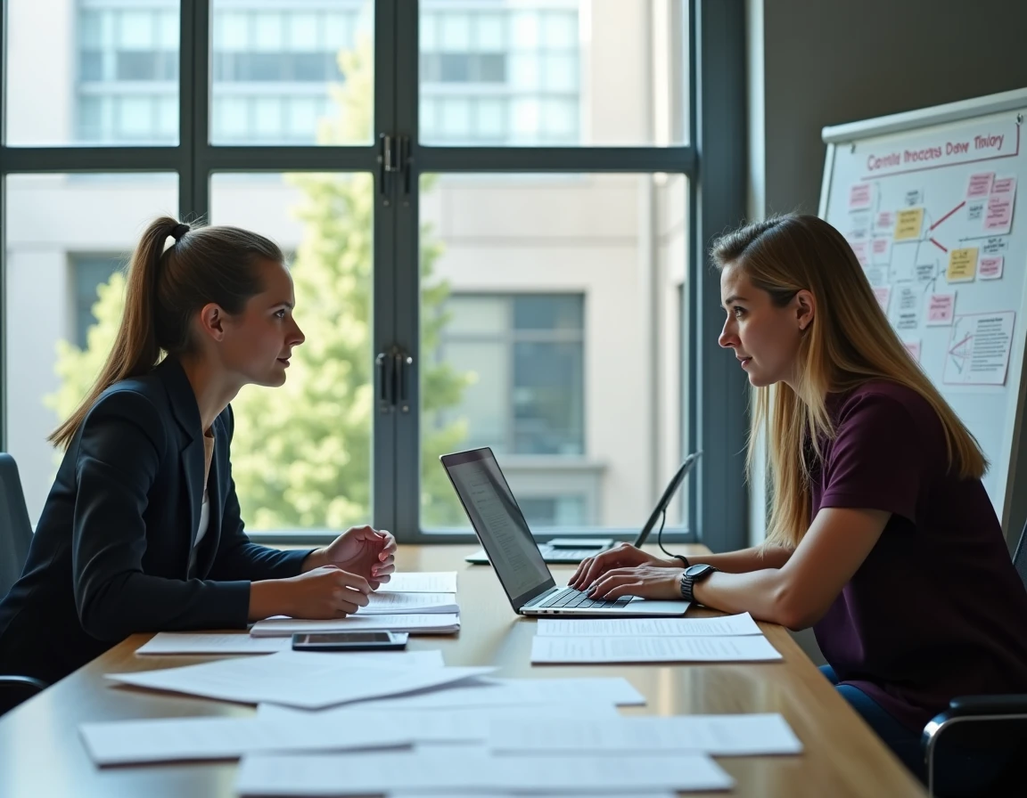 Deux chercheurs en psychologie discutant des théories de l'apprentissage behavioriste et cognitiviste autour d'une table de séminaire
