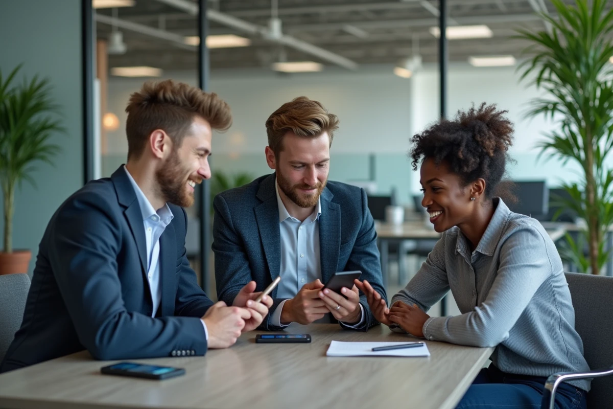 Groupe de collègues au bureau discutant de leur application WhatsApp sur smartphone dans un environnement de travail moderne