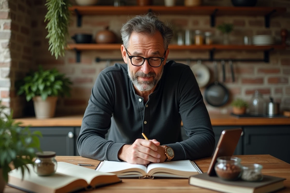 Homme consultant des livres de recettes et des fiches cuisine sur une table en bois rustique dans une salle à manger chaleureuse
