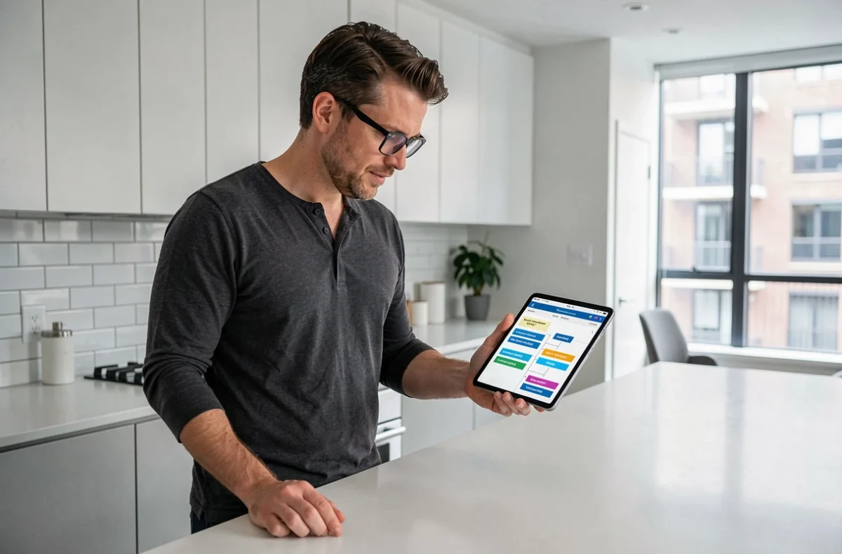 Homme consultant le plan du site Coolgame sur une tablette dans une cuisine moderne