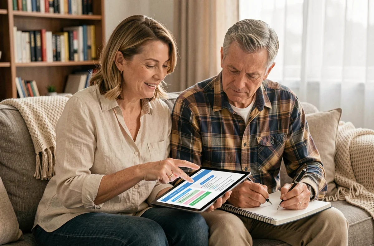 Couple d'une cinquantaine d'années consultant ensemble un tableau de garanties de mutuelle santé sur une tablette dans leur salon