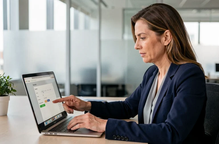 Femme professionnelle se déconnectant de Microsoft Teams sur un ordinateur portable au bureau