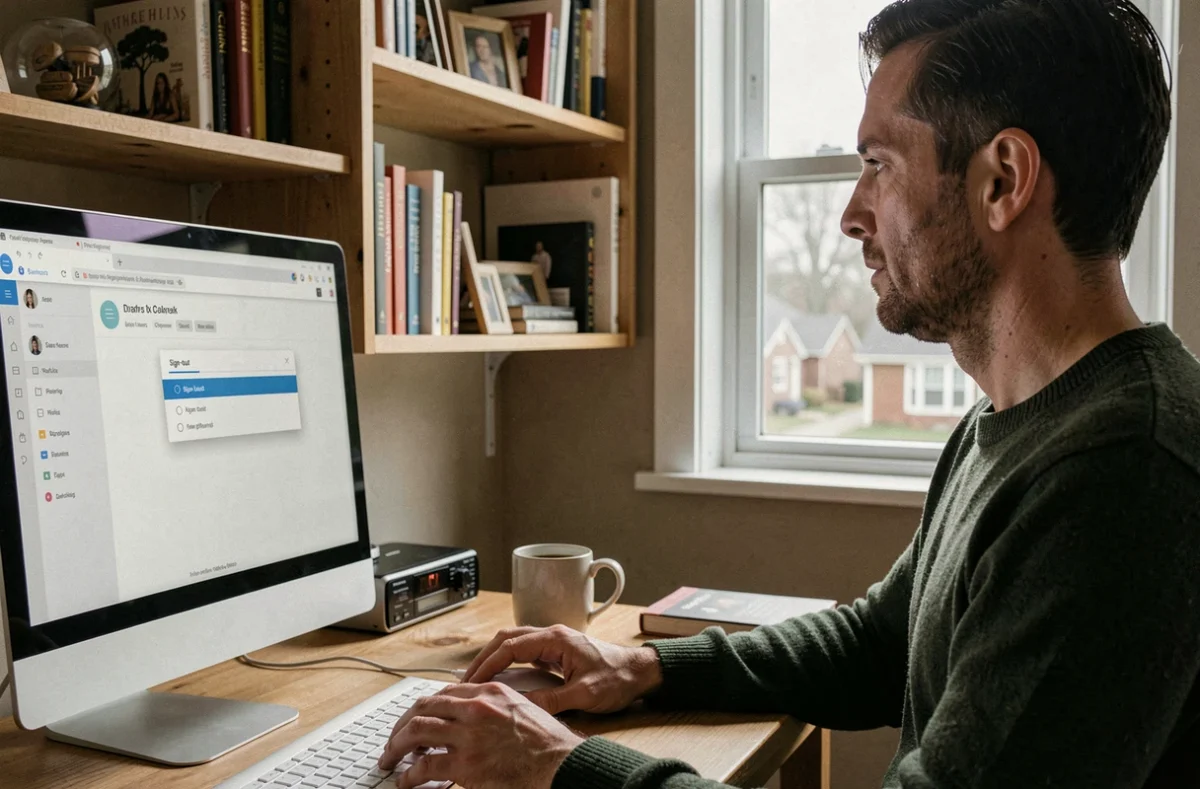 Homme se déconnectant d'un compte Microsoft Teams depuis un ordinateur de bureau à domicile