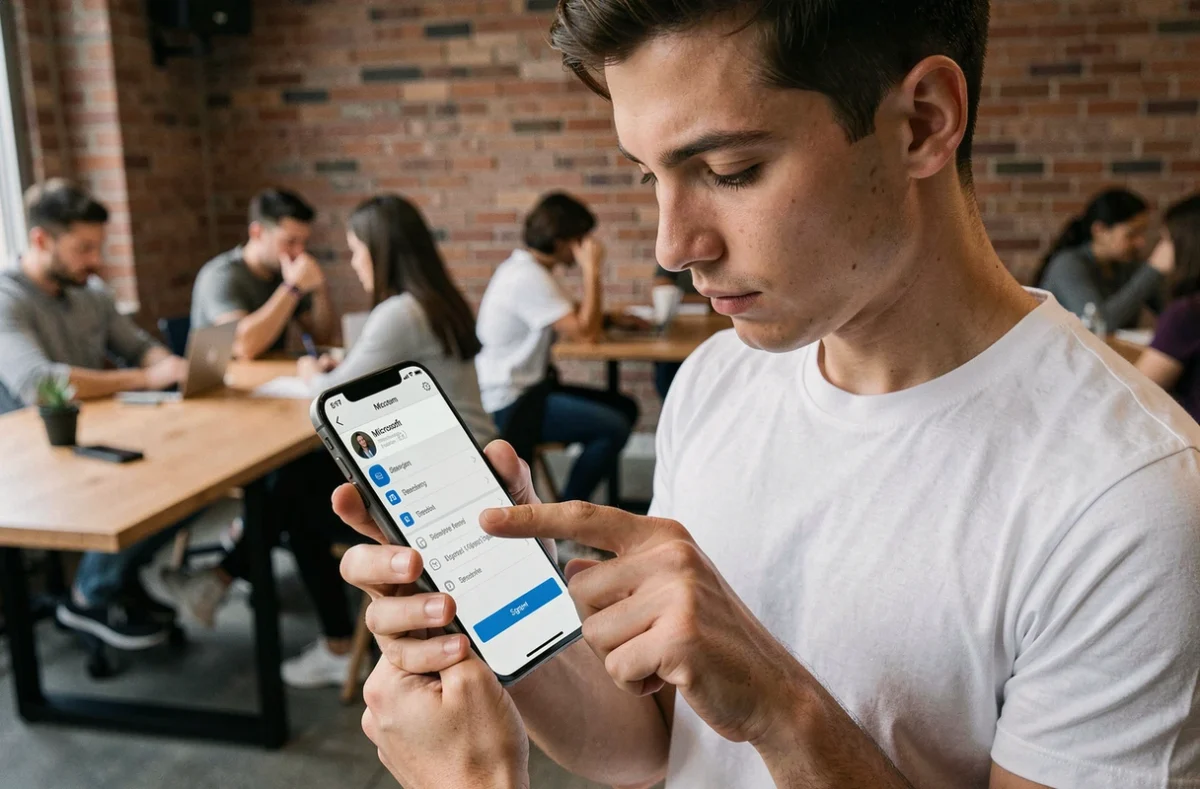Personne se déconnectant de Microsoft Teams sur un smartphone dans un espace de coworking