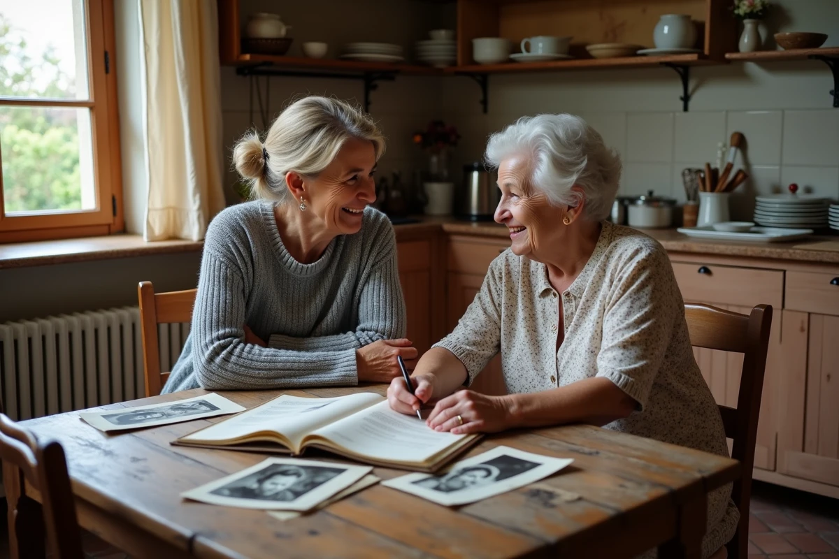 Deux femmes de générations différentes discutant d'histoire familiale autour de vieilles photographies dans une cuisine de campagne française traditionnelle