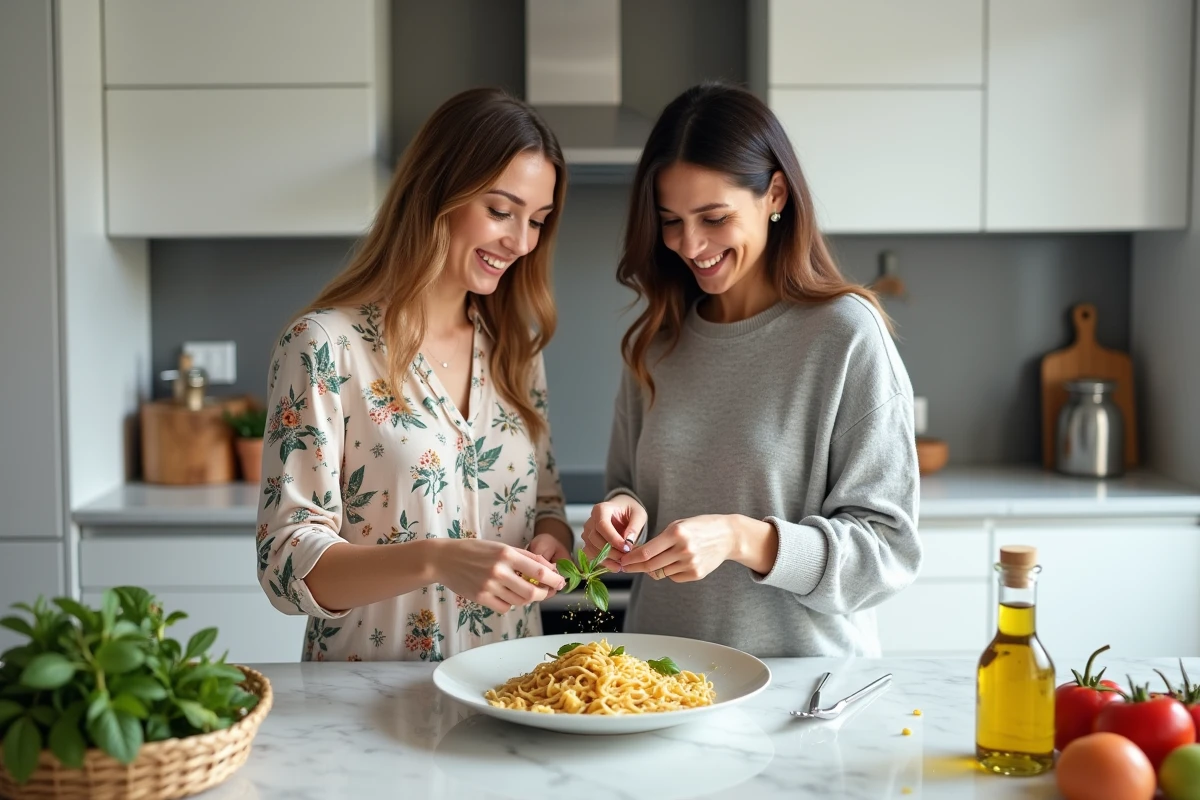 Deux femmes en cuisine en train de dresser ensemble une assiette de pâtes maison avec herbes fraîches sur un plan de travail en marbre