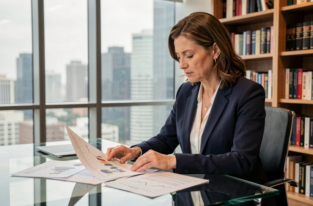Économiste femme analysant des graphiques financiers dans un bureau moderne avec vue sur la ville
