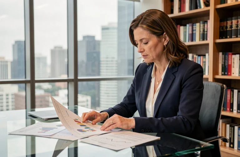 Économiste femme analysant des graphiques financiers dans un bureau moderne avec vue sur la ville