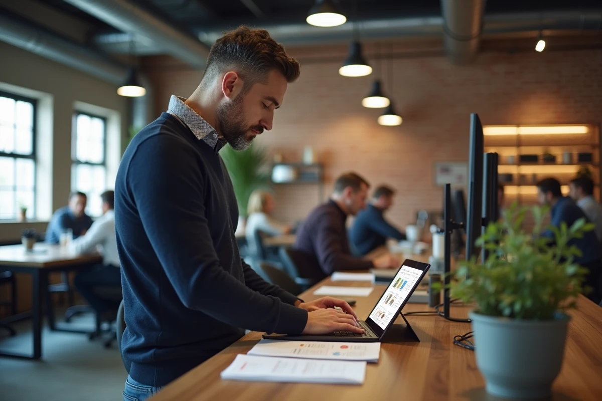 Entrepreneur masculin travaillant sur sa stratégie e-commerce dans un espace de coworking moderne