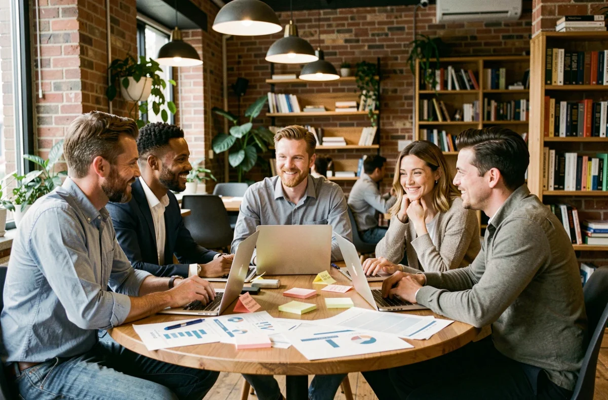 Groupe d'entrepreneurs collaborant autour de ressources business dans un espace de coworking