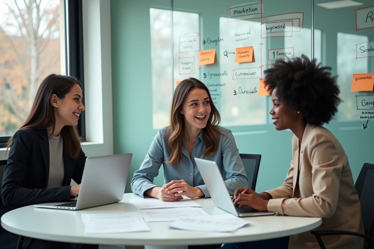 Équipe de jeunes professionnels collaborant sur une stratégie de développement de business en ligne en réunion