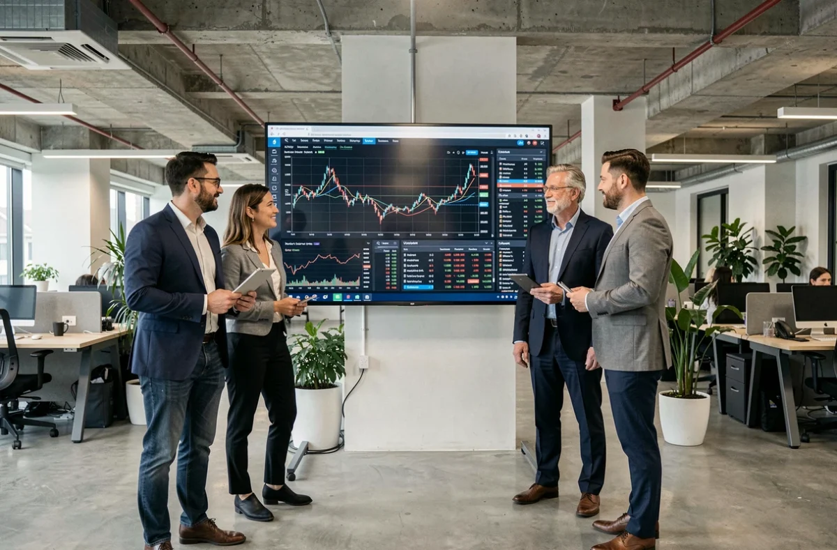 Équipe de professionnels examinant des données boursières et des tendances économiques sur un écran numérique