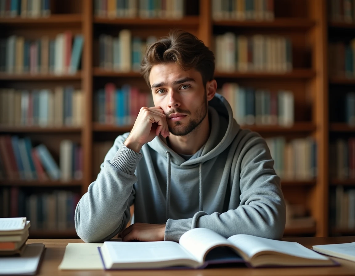 Étudiant en psychologie prenant des notes comparatives sur le cognitivisme et le behaviorisme dans une bibliothèque universitaire