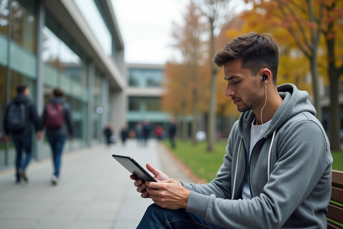 Étudiant consultant le portail numérique ENT de l'UTC sur une tablette en plein air sur le campus