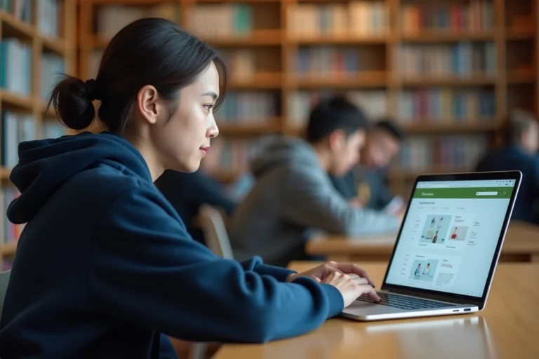 Étudiante utilisant l'ENT de l'UTC sur un ordinateur portable dans une bibliothèque universitaire