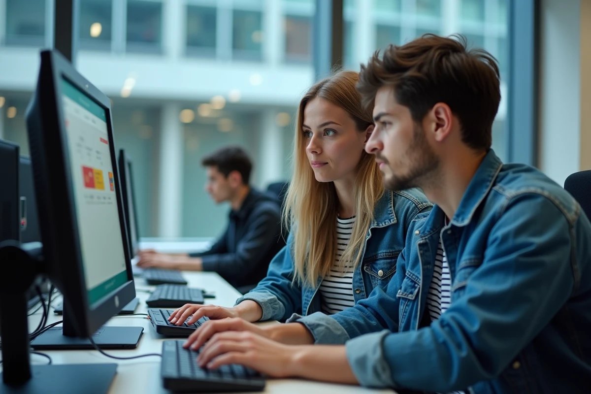 Deux étudiants en salle informatique utilisant ensemble l'ENT UTC pour accéder à leurs ressources pédagogiques