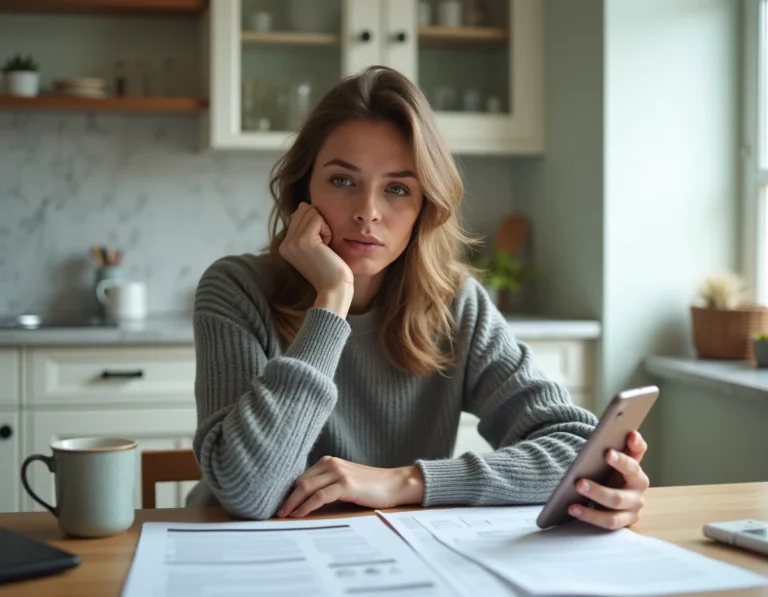 Femme lisant des avis négatifs sur un programme minceur à la table de sa cuisine