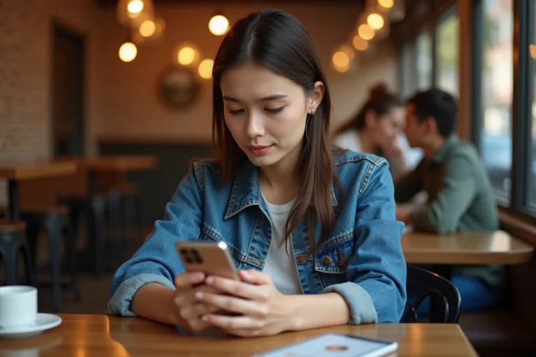 Jeune femme dans un café tenant un smartphone affichant une application de messagerie, illustrant la comparaison entre WhatsApp et WhatsApp Messenger