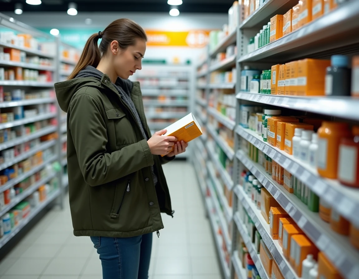 Femme examinant attentivement un complément alimentaire minceur en pharmacie