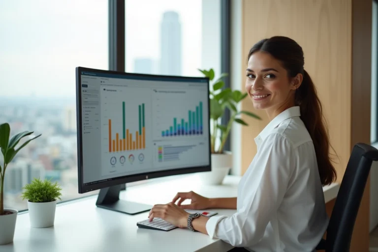 Femme entrepreneur analysant les performances de son business en ligne sur un écran d'ordinateur dans un bureau moderne