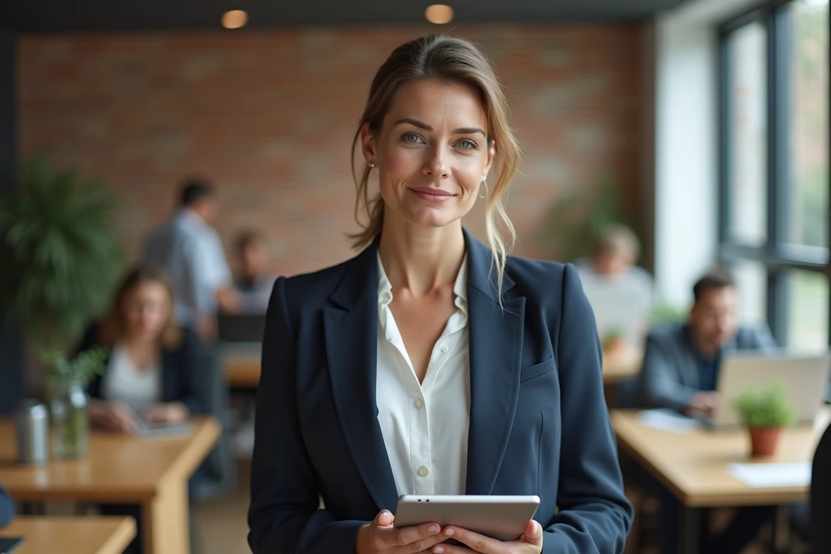 Femme entrepreneure confiante tenant une tablette dans un espace de coworking moderne