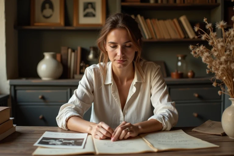 Femme française examinant de vieilles photographies familiales et lettres manuscrites dans un bureau rustique, explorant ses origines et son histoire familiale