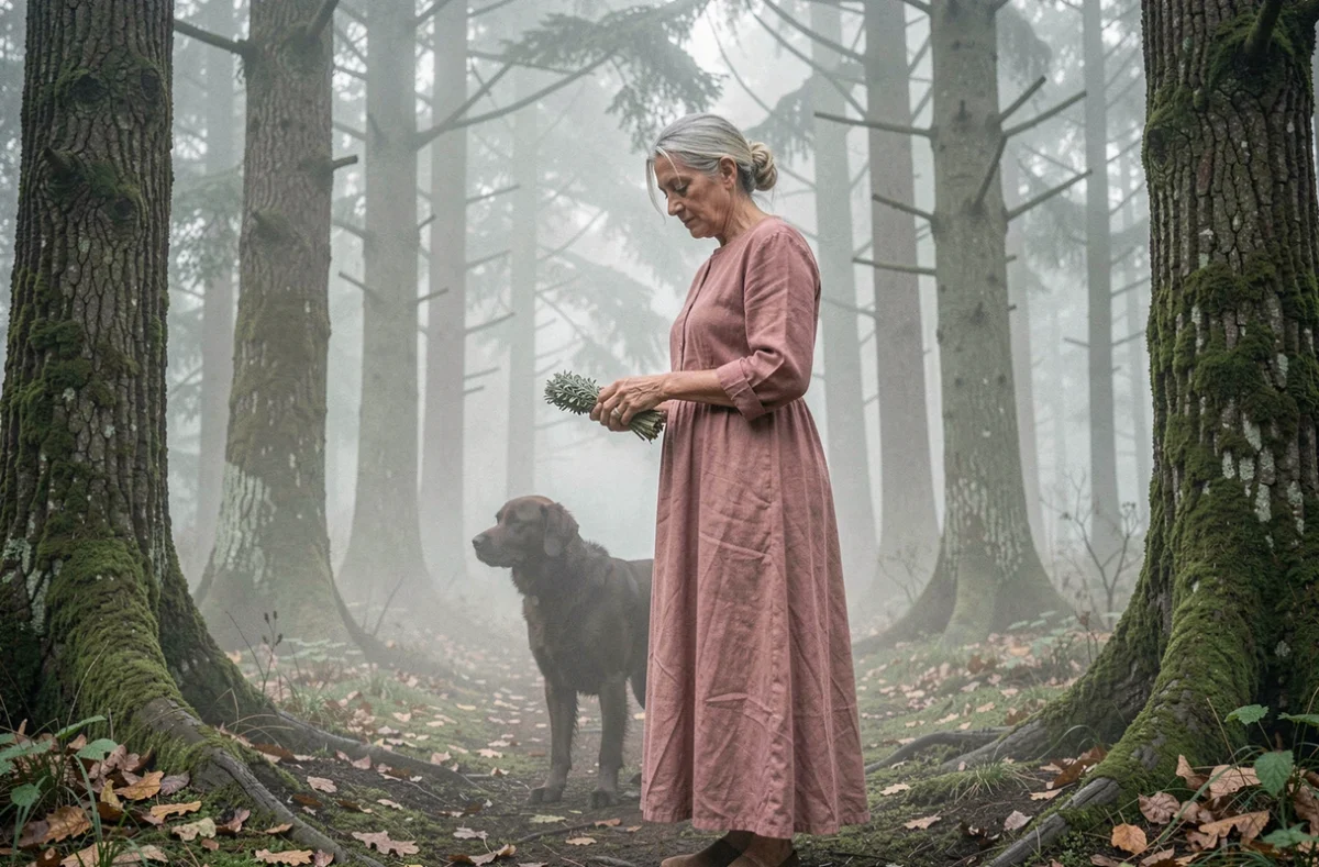 Femme âgée dans une forêt brumeuse avec un chien, évoquant la signification spirituelle des rêves animaliers et des rituels de purification