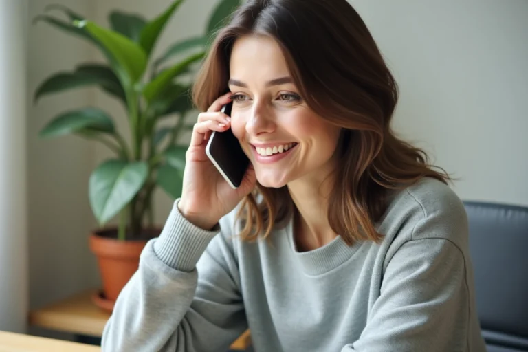 Femme écoutant sa messagerie vocale Free sur smartphone dans un bureau à domicile