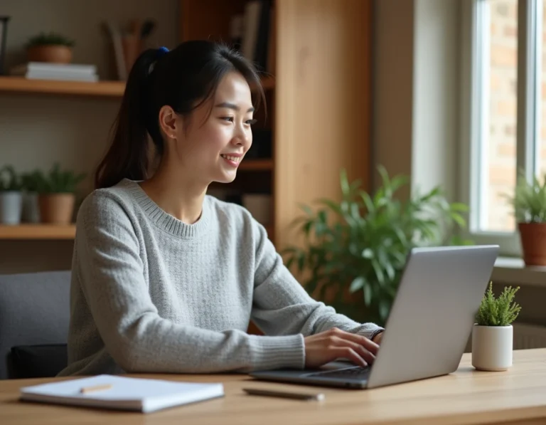 Femme consultant le plan du site Excargot sur un ordinateur portable dans un bureau à domicile organisé