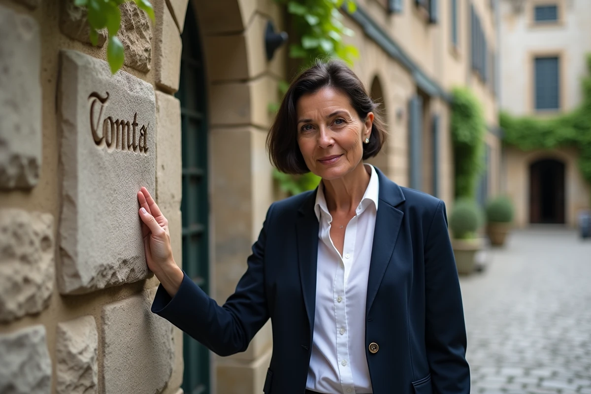 Femme debout devant une vieille bâtisse en pierre dans un village français, explorant son patrimoine familial et ses racines provinciales