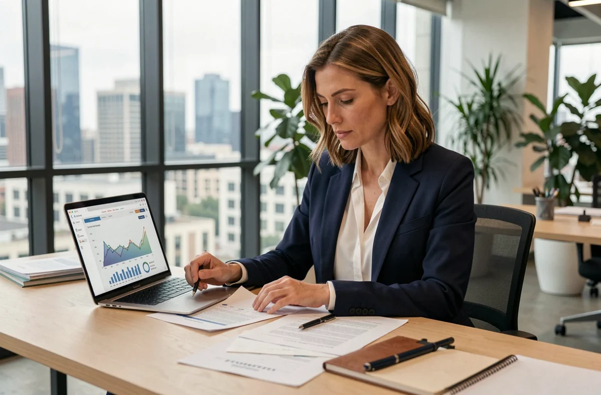 Femme professionnelle analysant des ressources business sur ordinateur portable dans un bureau moderne