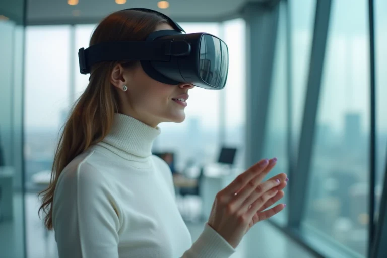 Femme utilisant un casque de réalité augmentée dans un bureau moderne connecté en 2024