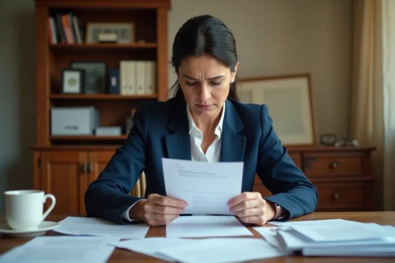 Femme lisant un courrier de refus de logement social à son bureau avec des documents administratifs