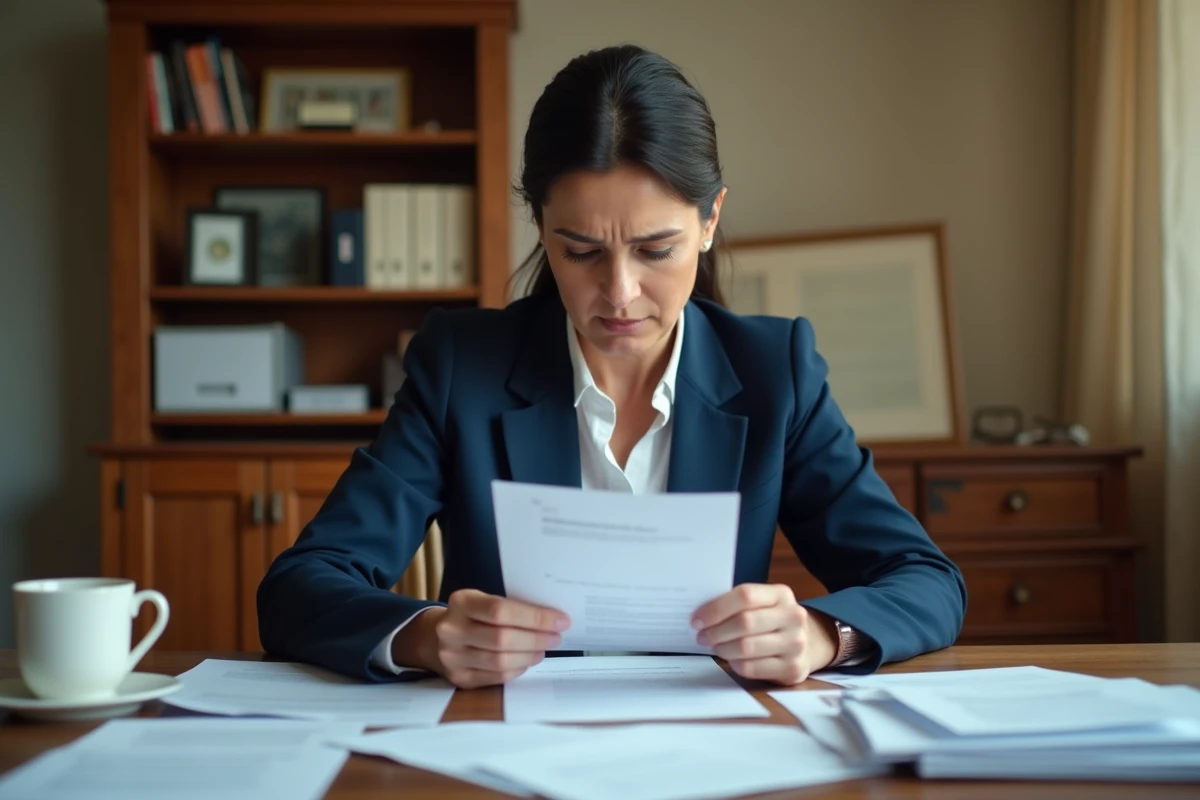 Femme lisant un courrier de refus de logement social à son bureau avec des documents administratifs