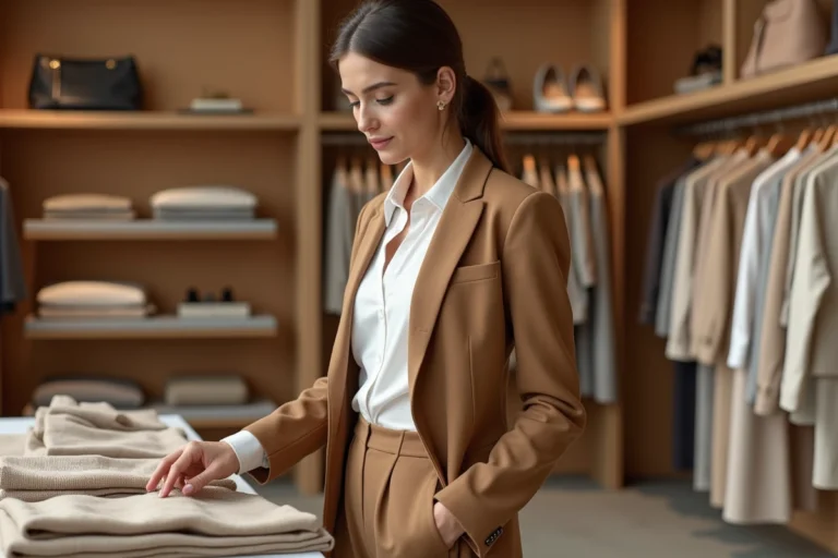 Femme élégante en blazer camel découvrant les dernières tendances mode de la saison dans une boutique minimaliste