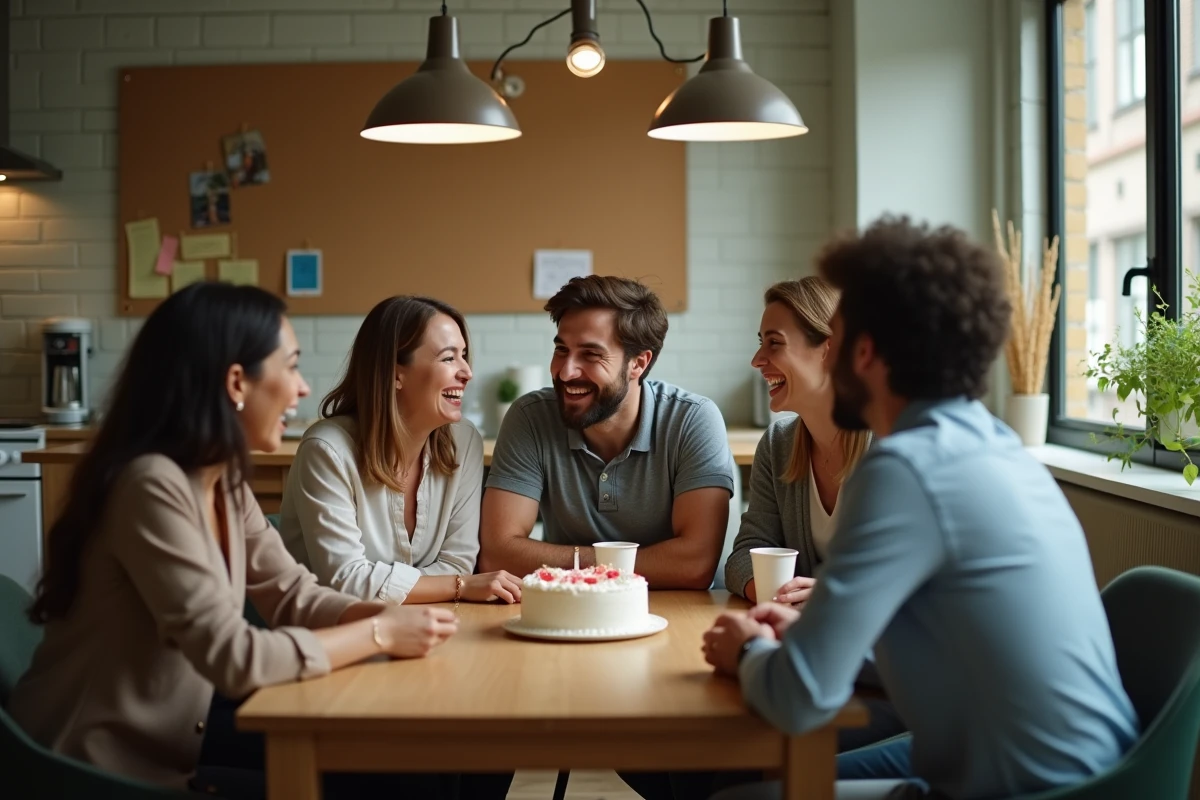 Groupe de collègues réunis autour d'un gâteau pour célébrer le départ d'un membre de l'équipe en salle de pause