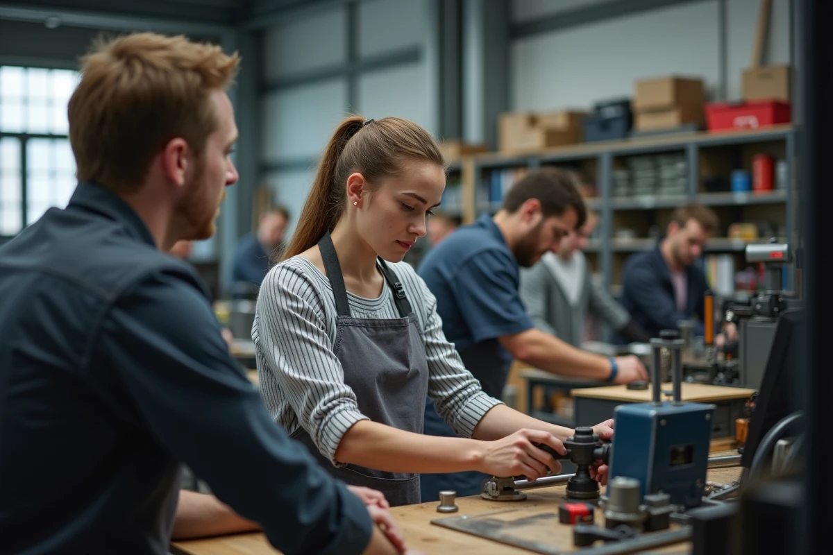 Femme adulte en formation bac pro dans un atelier professionnel de lycée technique