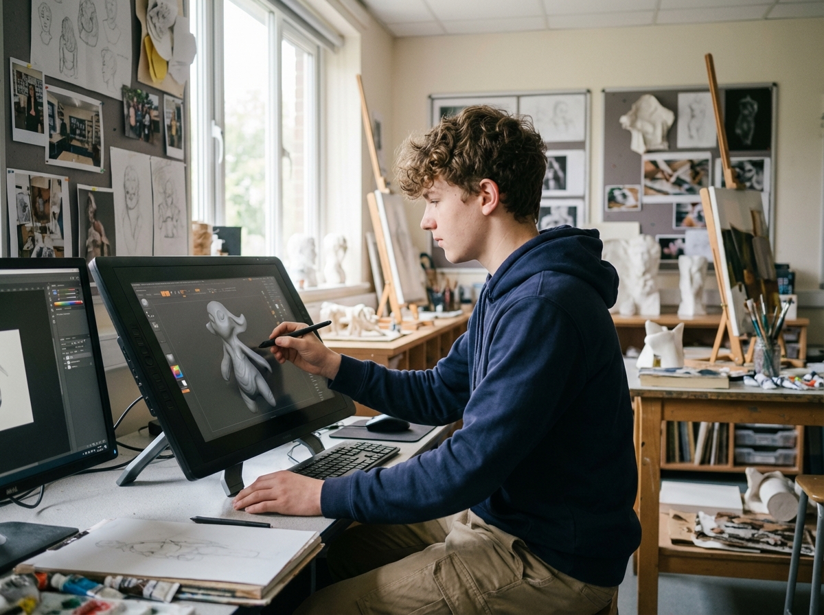 Adolescent en classe sculptant un personnage 3D