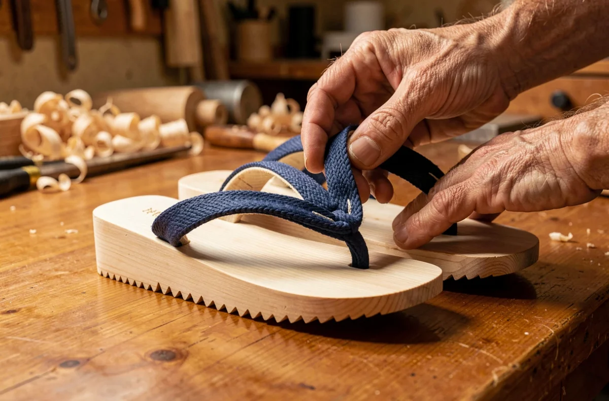 Paire de geta artisanales japonaises en bois de paulownia avec sangles en coton indigo, inspectées par les mains d'un artisan dans un atelier traditionnel