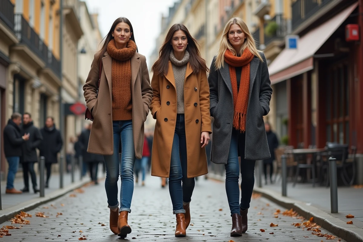 Groupe d'amis portant les tendances mode automne-hiver dans une rue urbaine pavée aux allures parisiennes