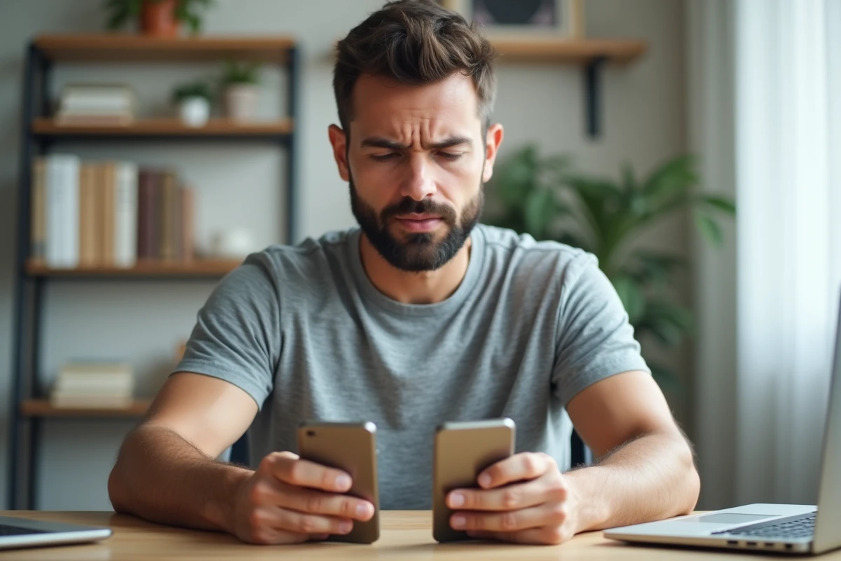 Homme au bureau comparant deux smartphones posés côte à côte pour comprendre les différences entre les versions de WhatsApp