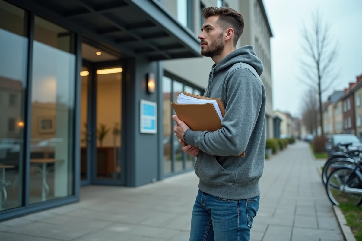 Homme devant un bureau de logement social tenant un dossier de recours administratif