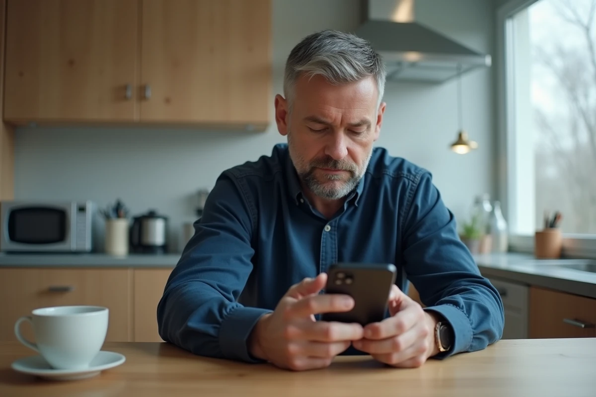 Homme configurant les paramètres de messagerie vocale Free sur son téléphone dans une cuisine