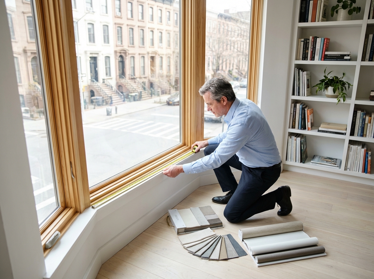 Homme mesurant une grande fenêtre dans un bureau lumineux