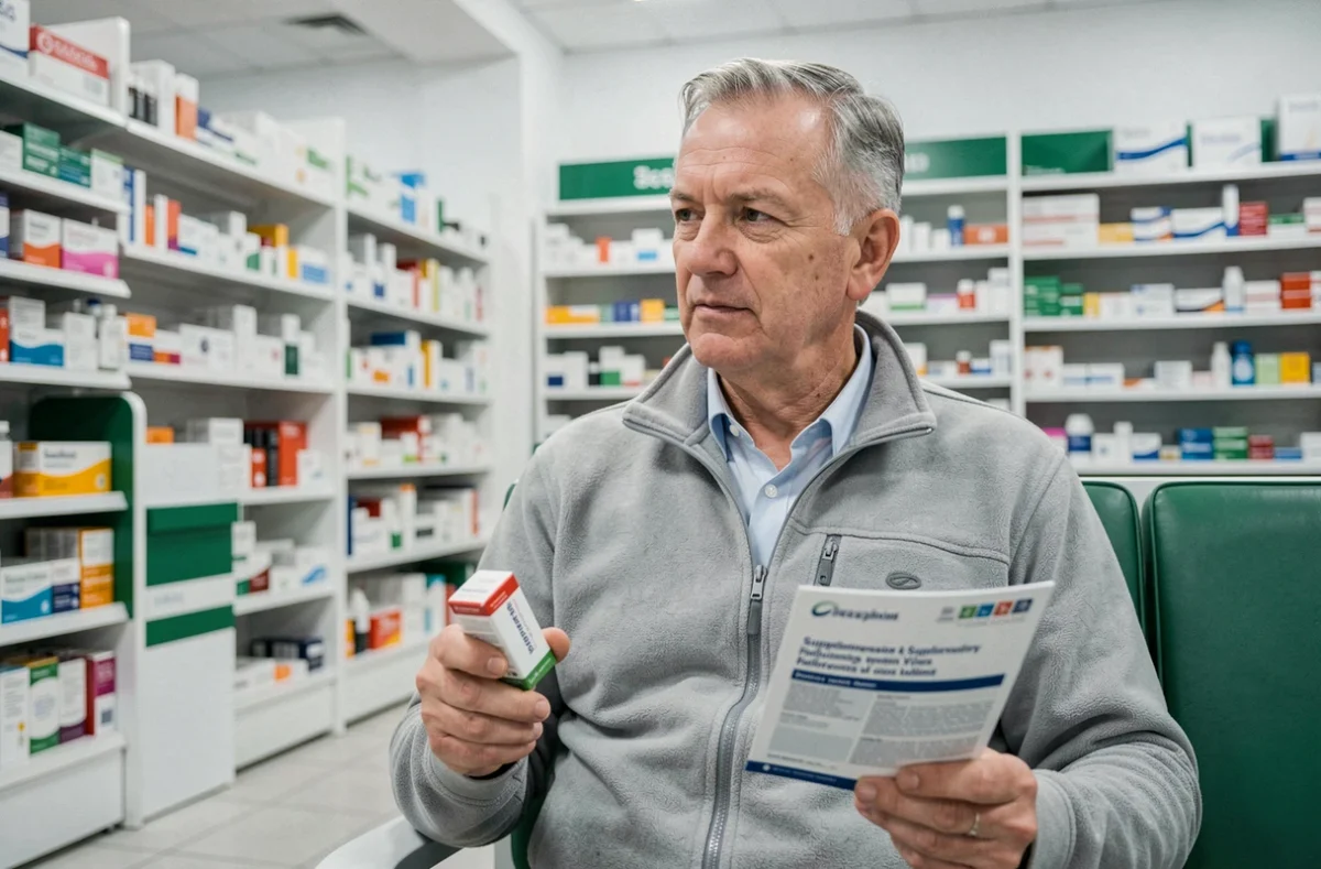 Homme âgé tenant une boîte de médicaments et une brochure de mutuelle santé dans une salle d'attente de pharmacie