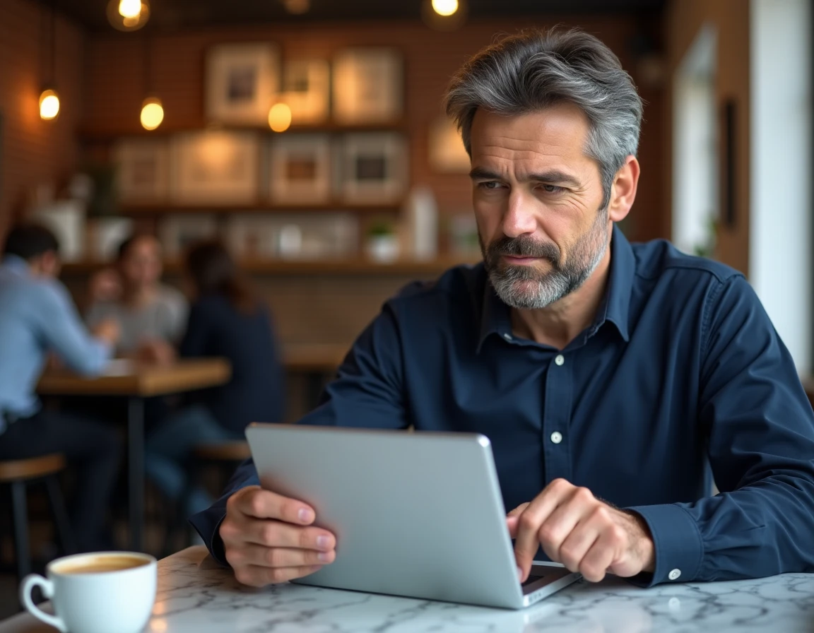 Homme naviguant sur le plan du site Excargot via une tablette dans un café moderne